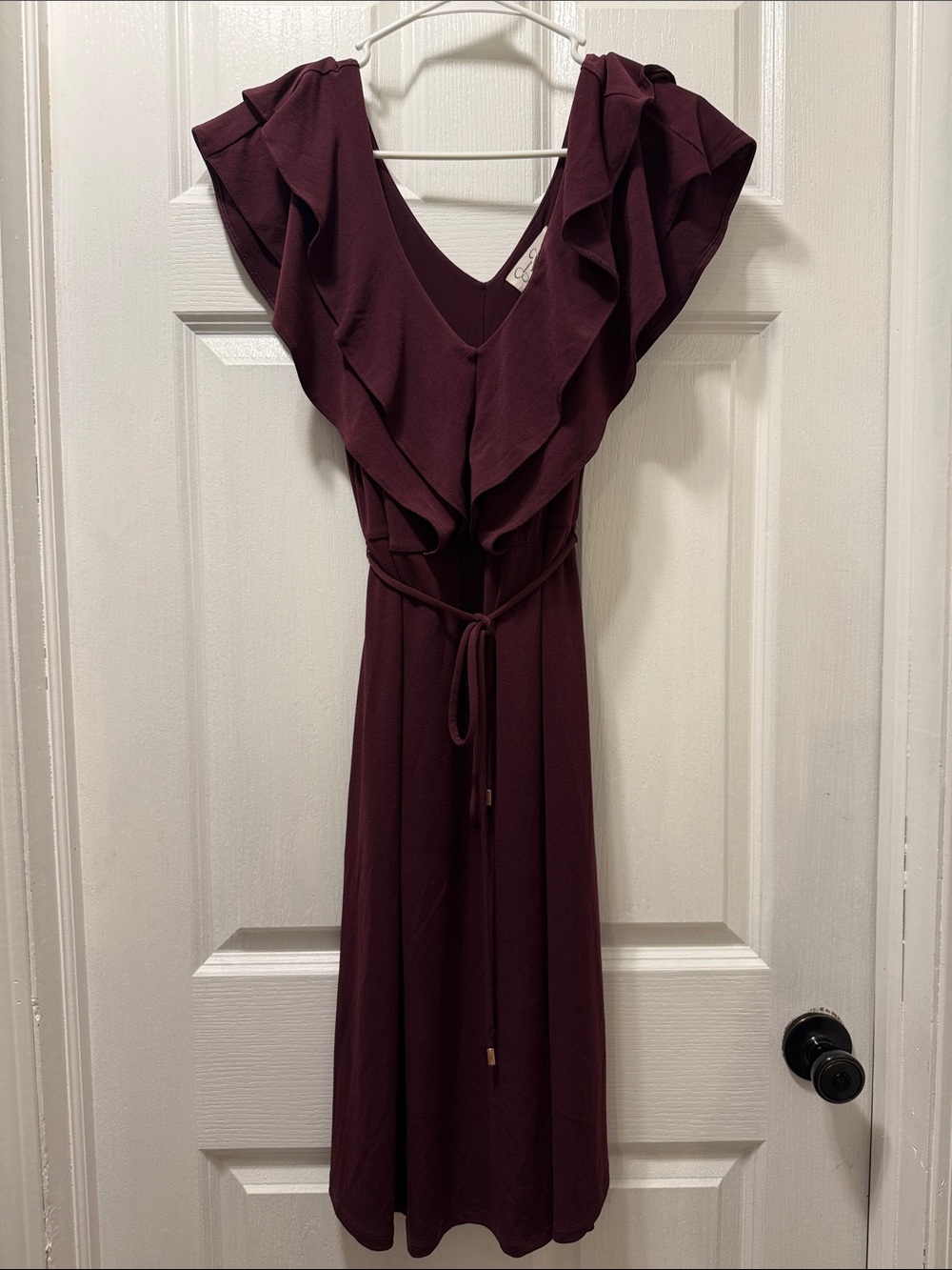 Jessica Simpson Plum Ruffle V-Neck Belted Midi Dress